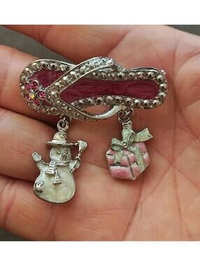90s Silver Tone Flip Flop With Dangling Charms Enamel & Rhinestones  Brooch